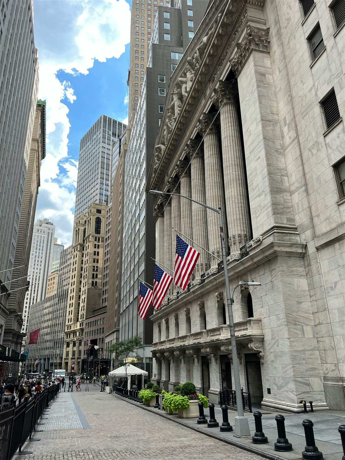 Bank buildings rising over a downtown street